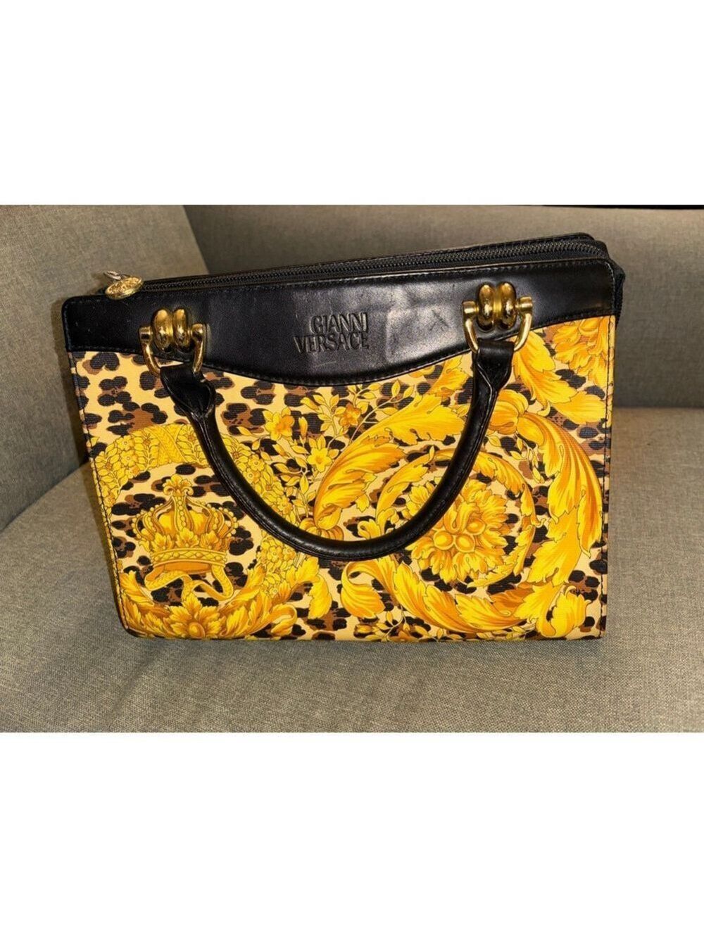 Gianni Versace Leopard & Baroque Print Satchel